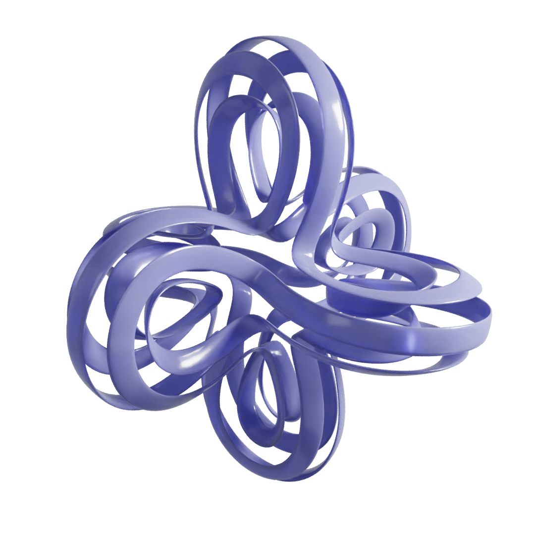A render of a strange striped object with six symmetrical loops.