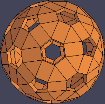The same mesh but with holes punched into the hexagonal and pentagonal faces, revealing that it's a shell.