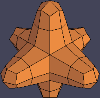 The above mesh smoothed out into an organic-looking figure comprising quadrilaterals.