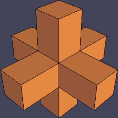 Seven cubes joined together in a 3D + symbol.
